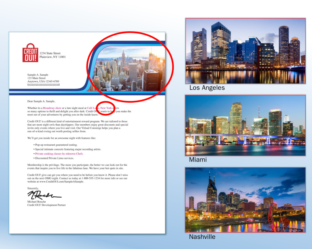 Promotional letter from Credit OU! featuring an image of New York City and text about entertainment rewards. Side images display city skylines of Los Angeles, Miami, and Nashville.