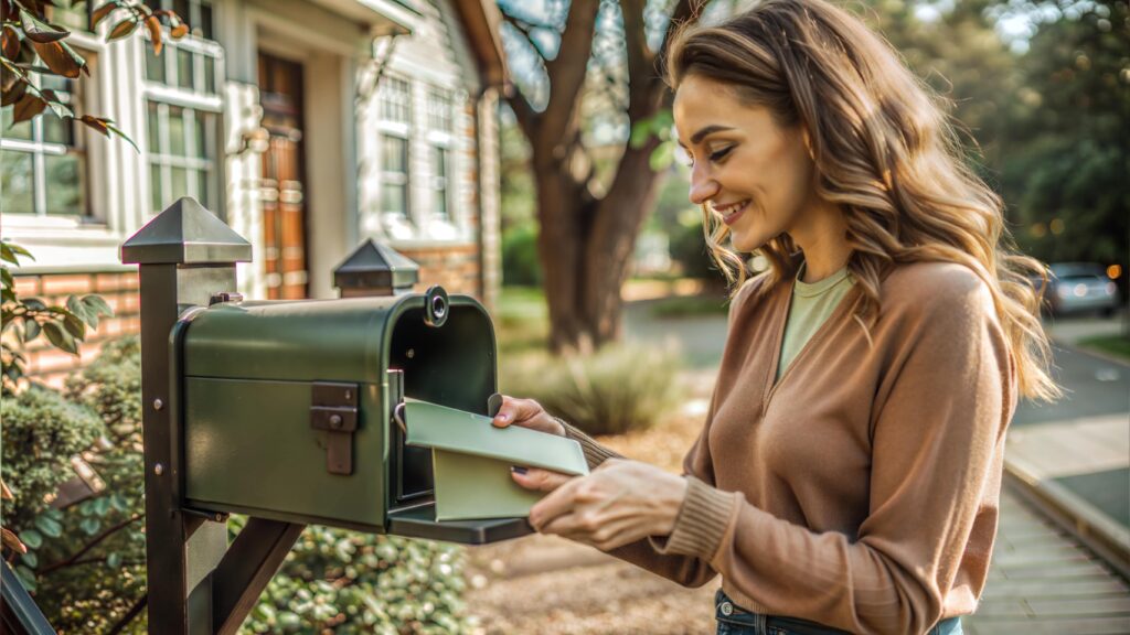 woman opening envelope of direct mail at mailbox
